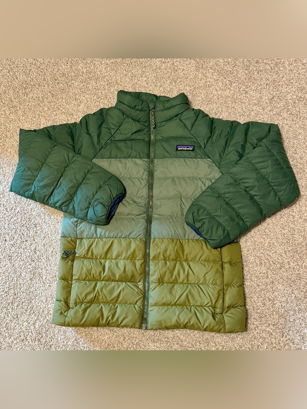 Patagonia Kids Down Puffer Green Tone Colorblock Full Zip Jacket size 10 M